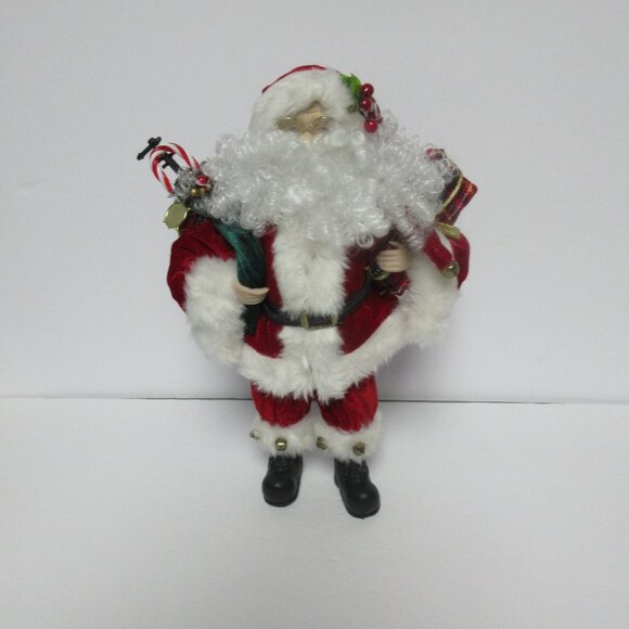 Vintage Santa Porcelain Doll, self standing, very detailed Red Suit Green Bag